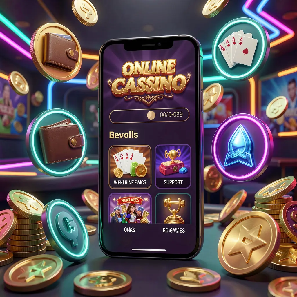 1888PKR online casino app interface displayed on a smartphone surrounded by icons representing wallet, games, support, and rewards, with golden coins and neon lights in a luxury 3D render