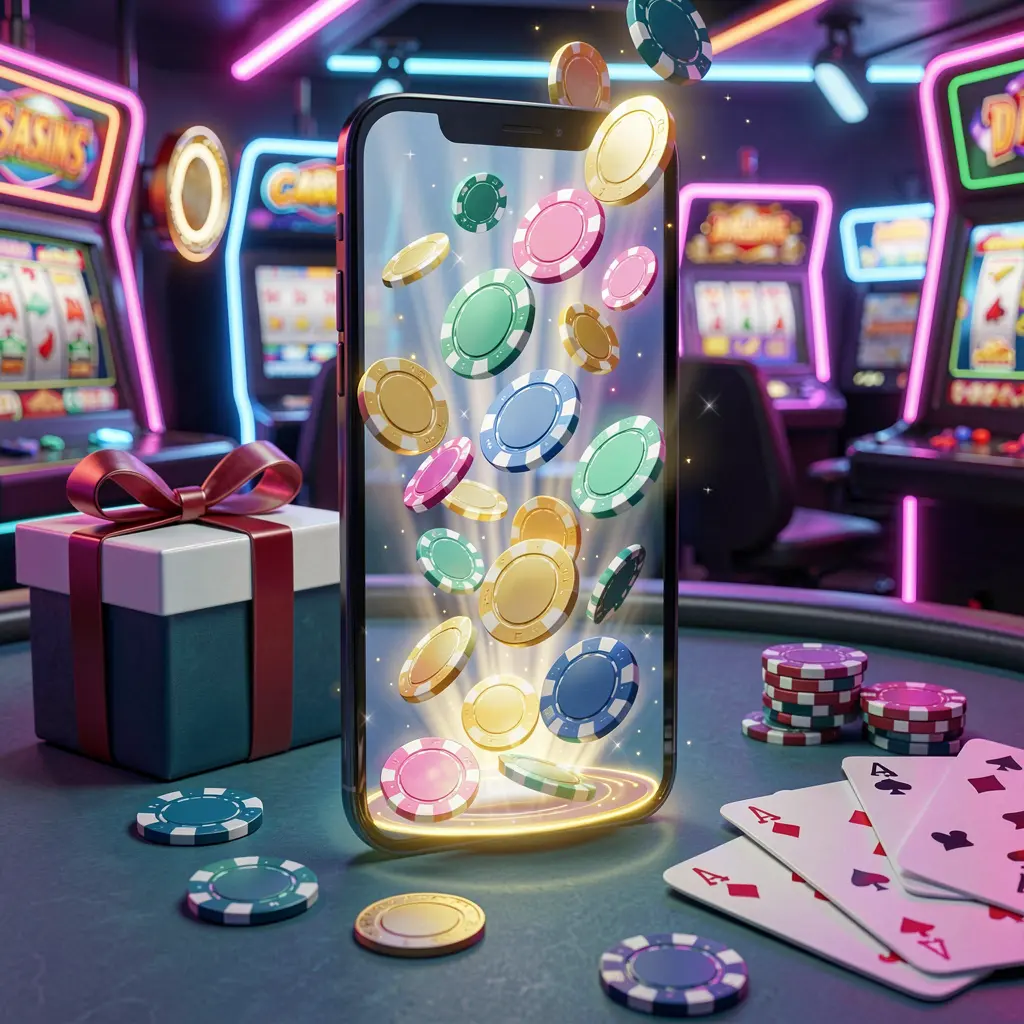 1888PKR mobile casino bonus scene with a modern smartphone displaying glowing casino chips and coins emerging from the screen, surrounded by a gift box and playing cards in a bright neon casino atmosphere