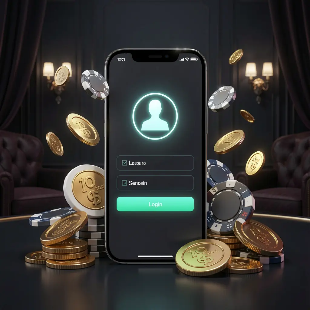 1888PKR online casino login page hero banner featuring a modern smartphone with a secure login screen, glowing user profile icon, golden coins and poker chips surrounding it on a dark luxury background