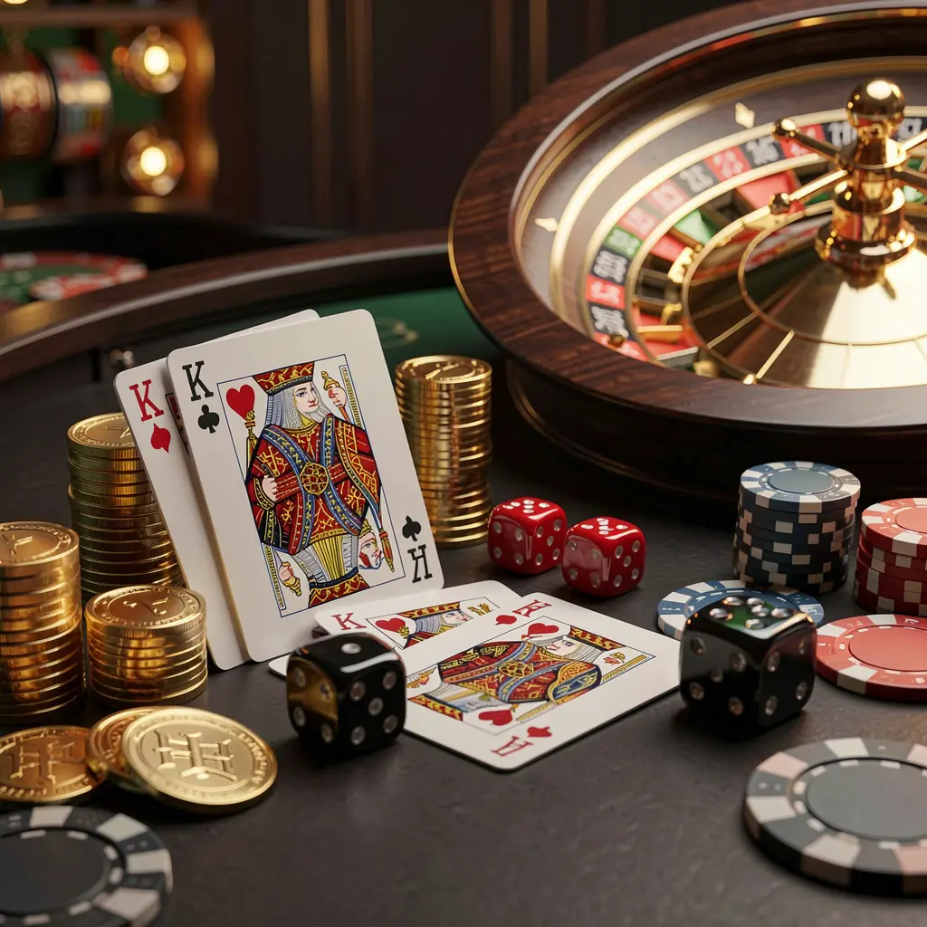 Elegant online casino homepage featuring 1888PKR brand with royal flush cards, dice, golden coins, poker chips on a dark table, and a glowing roulette wheel in the background in a cinematic 3D render